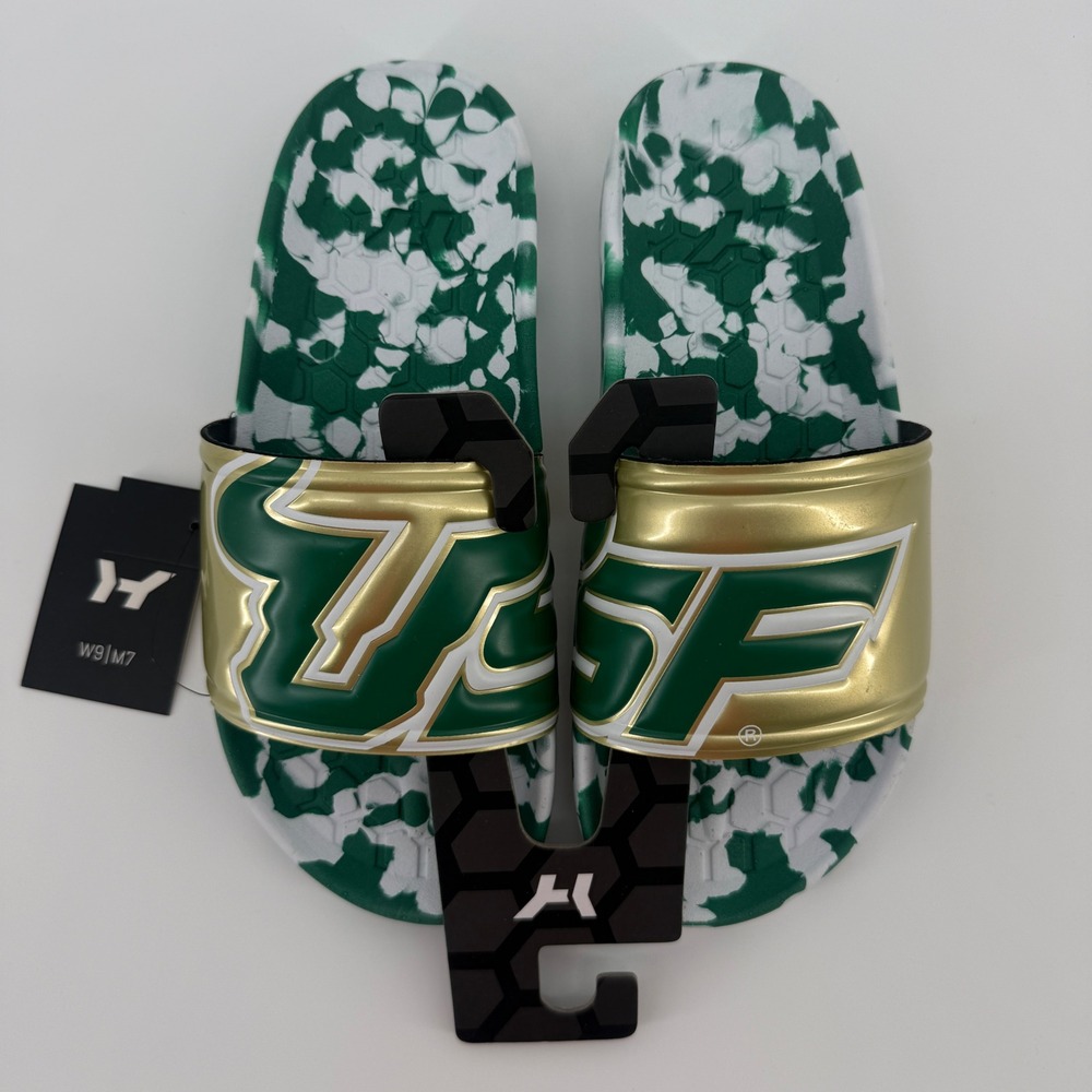 Hype Co University of South Florida USF Bulls Slyder Slides Green Gold W9 M7 NWT